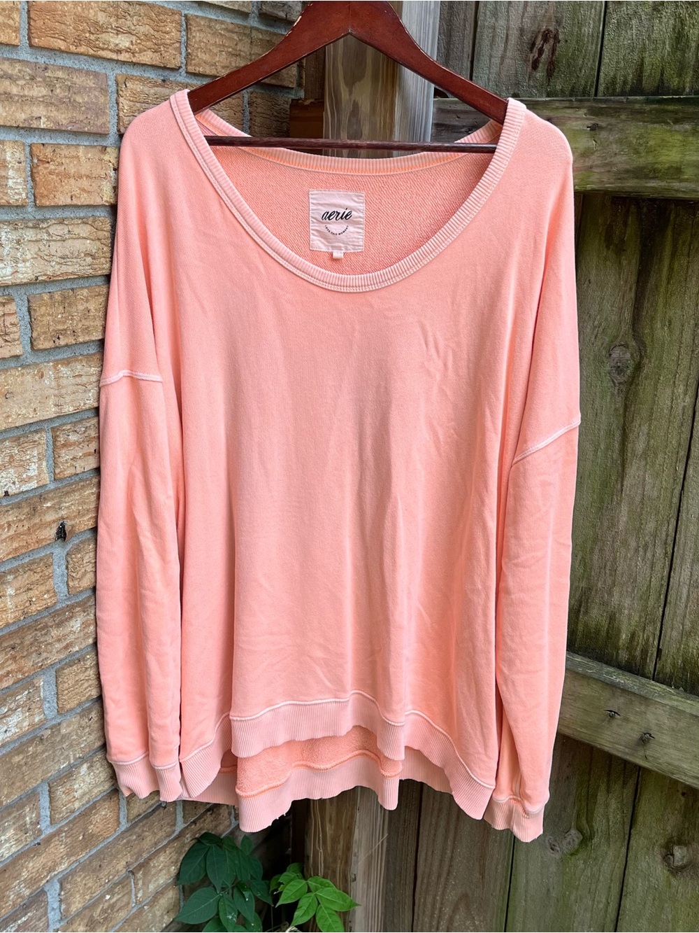 Aerie Oversized Vibrant Peach/Coral Scoop-Neck Lightweight Pullover Sweatshirt